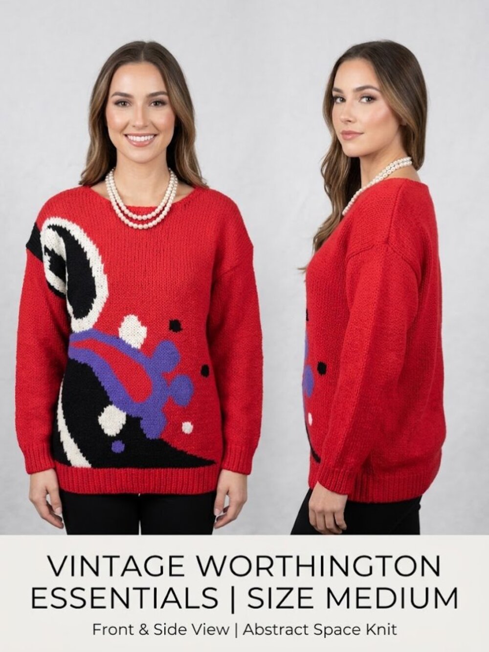 Worthington VTG Red White Purple Black Graphic Knit Crewneck Sweater Size Medium